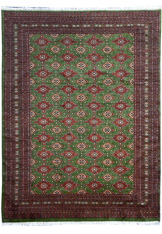 8 x 10 Jaldar Bokhara hand-knotted wool rug in sage green, top view