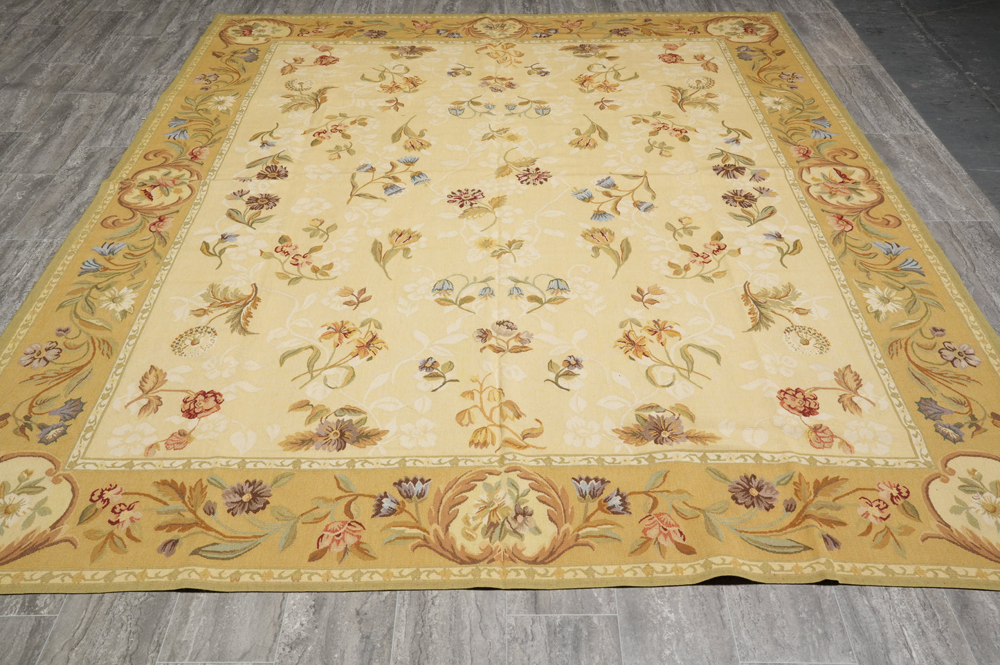 French Country Aubusson, soft sage and pink color balance