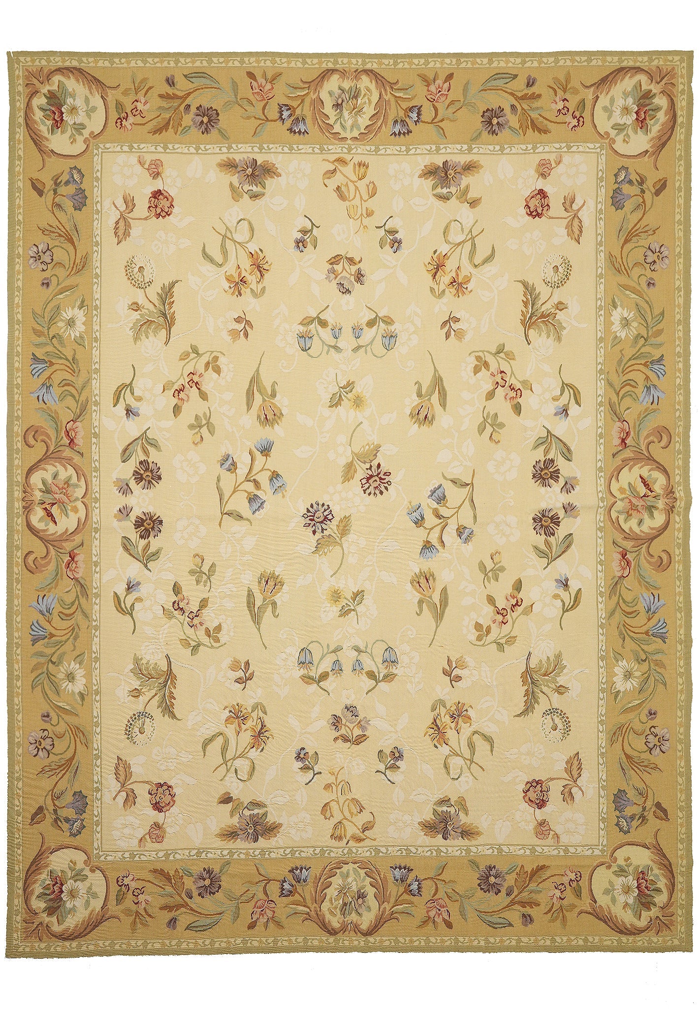 8 x 10 French Country Aubusson flat-weave wool rug in ivory and soft floral, top view