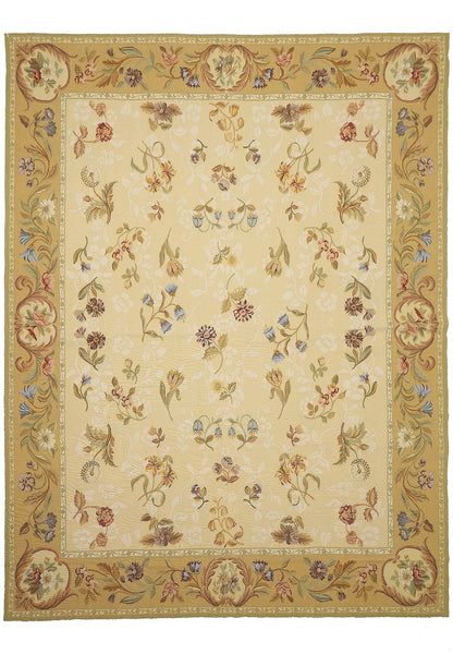 8 x 10 French Country Aubusson flat-weave wool rug in ivory and soft floral, top view