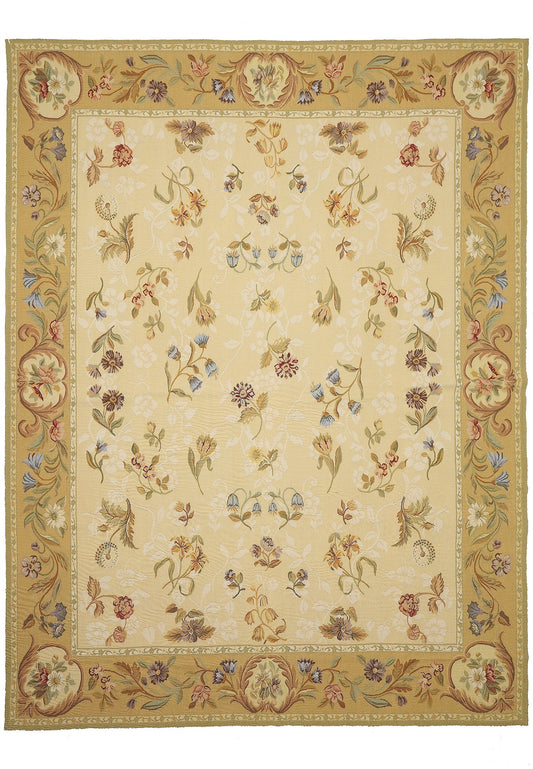 8 x 10 French Country Aubusson flat-weave wool rug in ivory and soft floral, top view