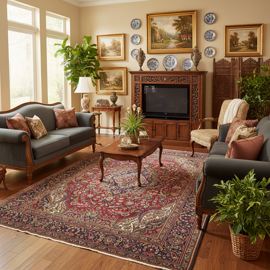 Pre-owned Tabriz-style blue rug visualized in a styled formal living room