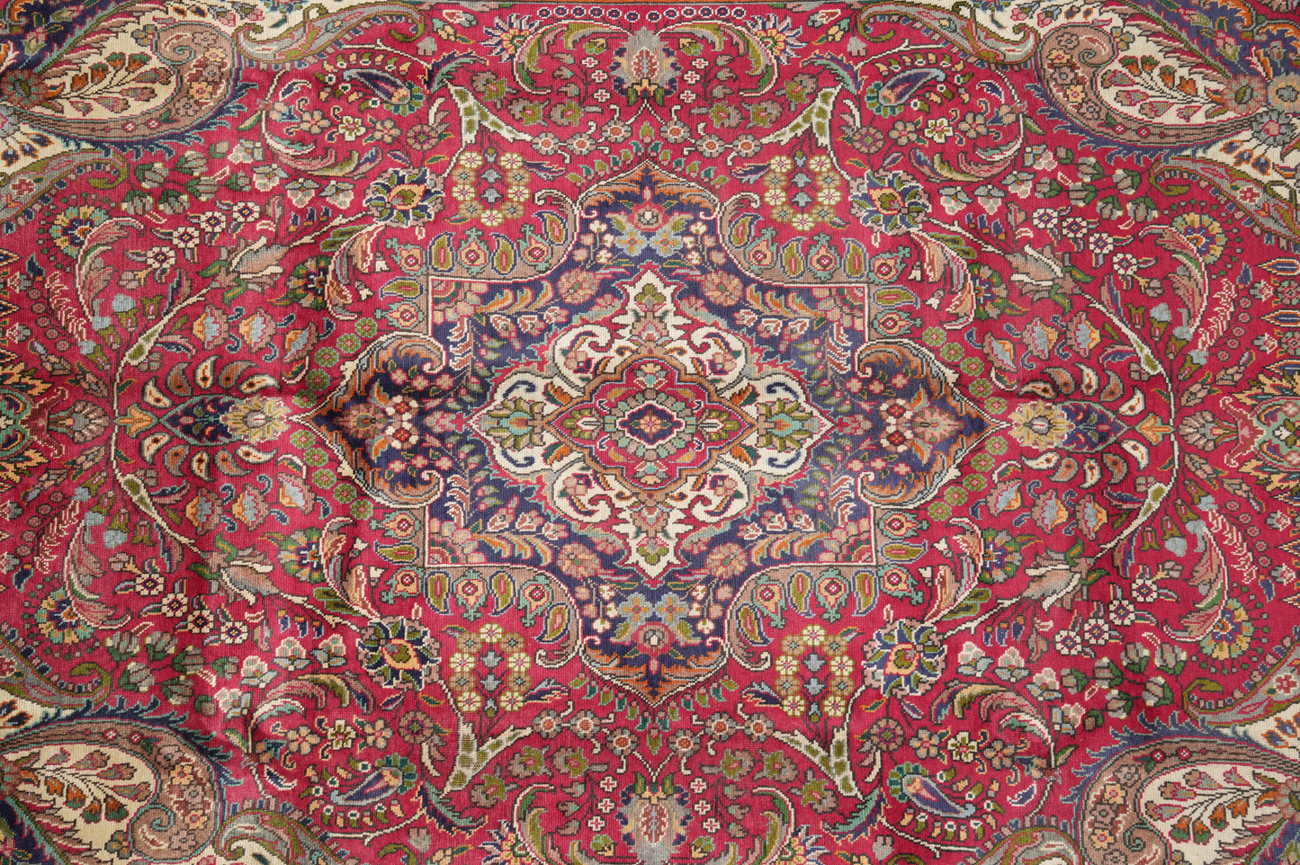 Pre-owned Tabriz-style blue rug, border pattern with refined floral detail