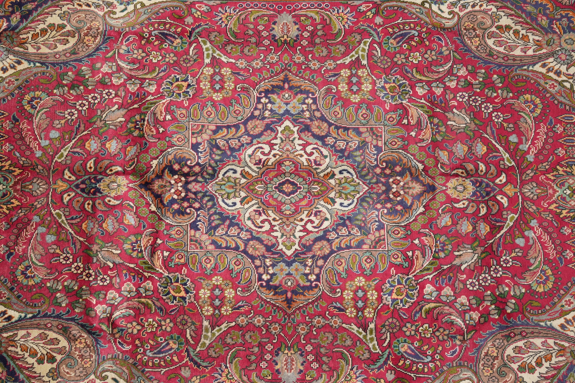 Pre-owned Tabriz-style blue rug, border pattern with refined floral detail