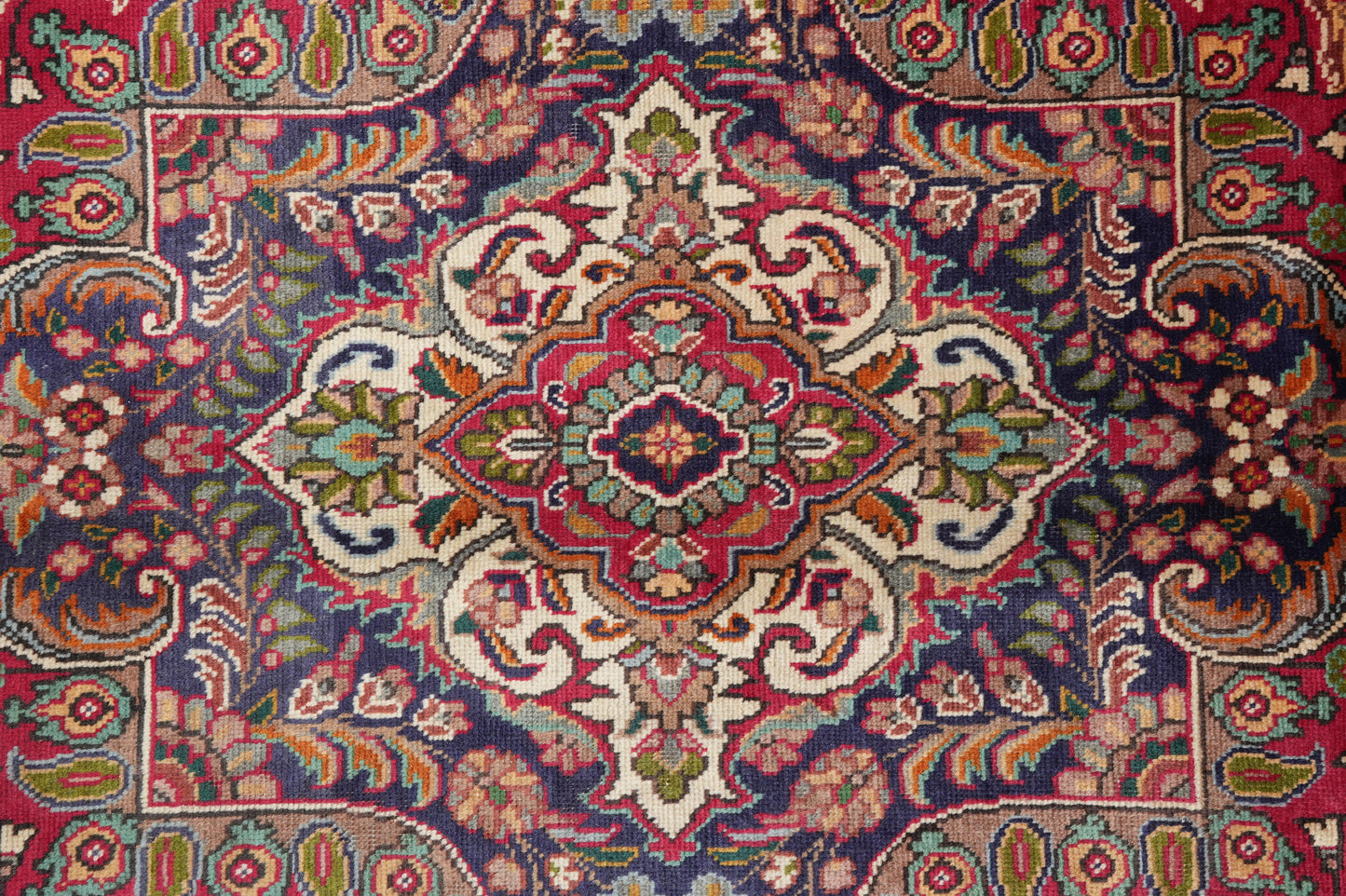 Pre-owned Tabriz-style blue rug, corner motif with intricate arabesques