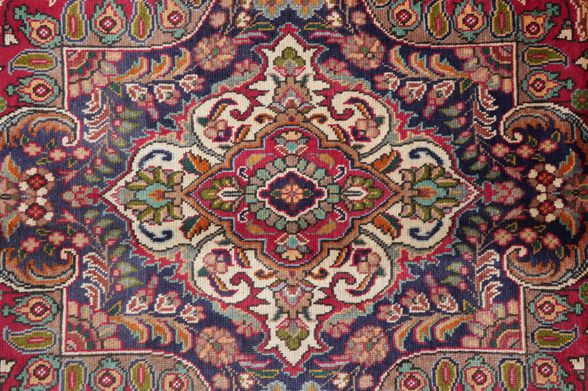 Pre-owned Tabriz-style blue rug, corner motif with intricate arabesques