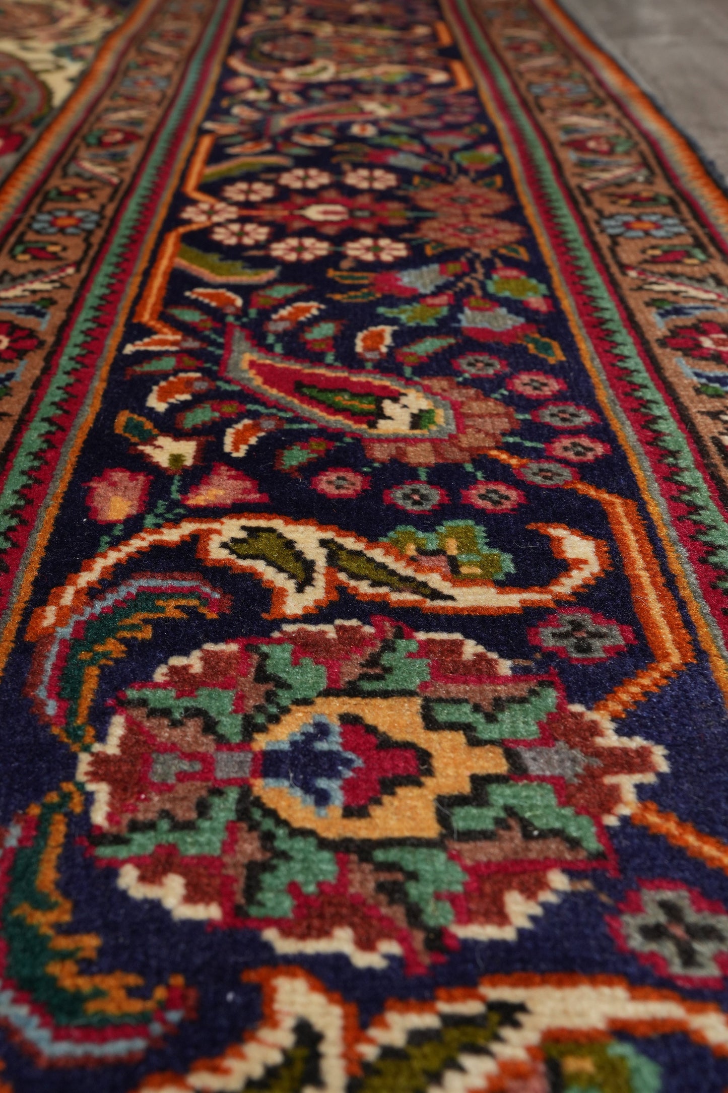 Pre-owned Tabriz-style blue rug, color balance between soft blue field and ivory accents