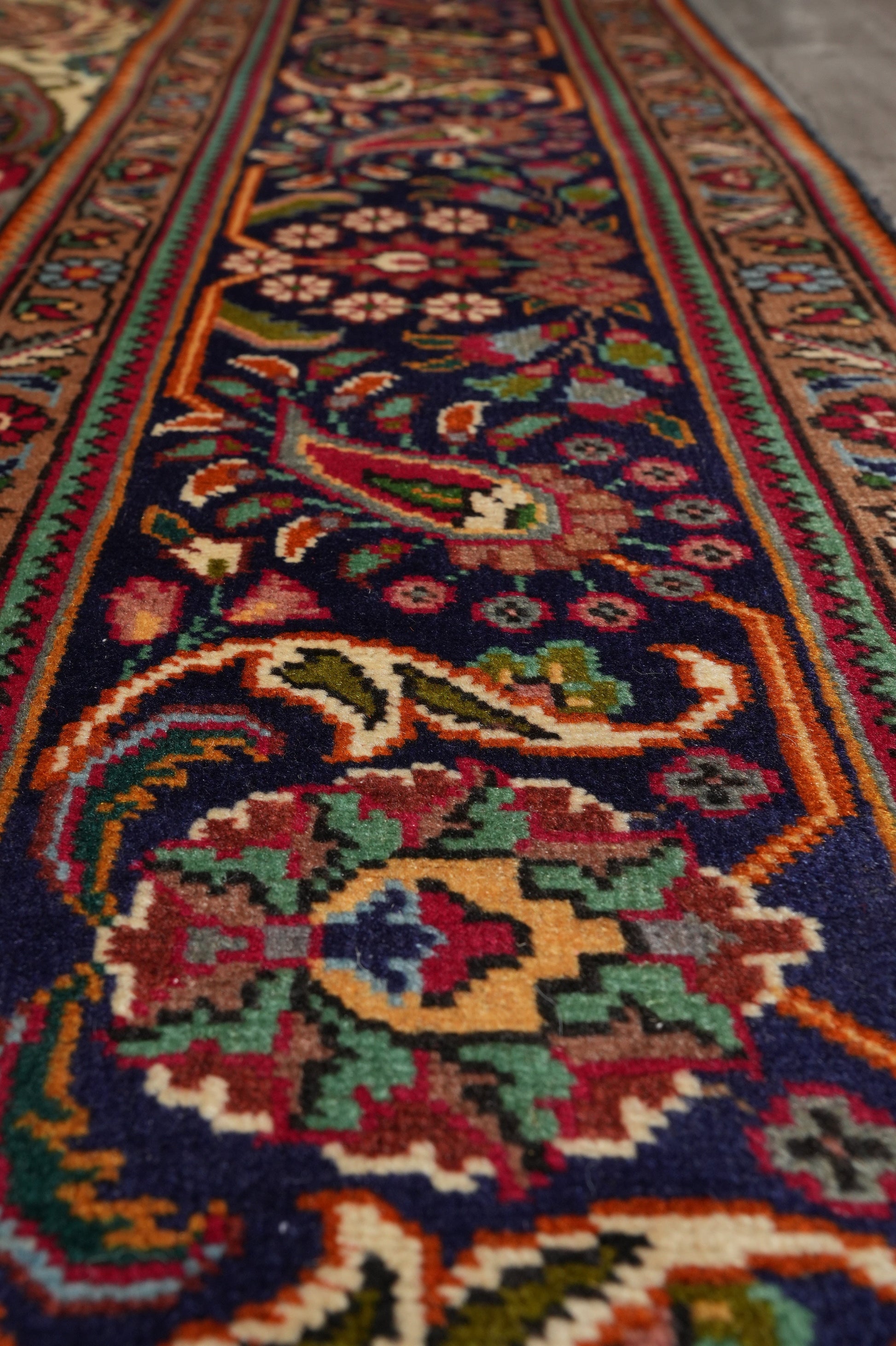 Pre-owned Tabriz-style blue rug, color balance between soft blue field and ivory accents