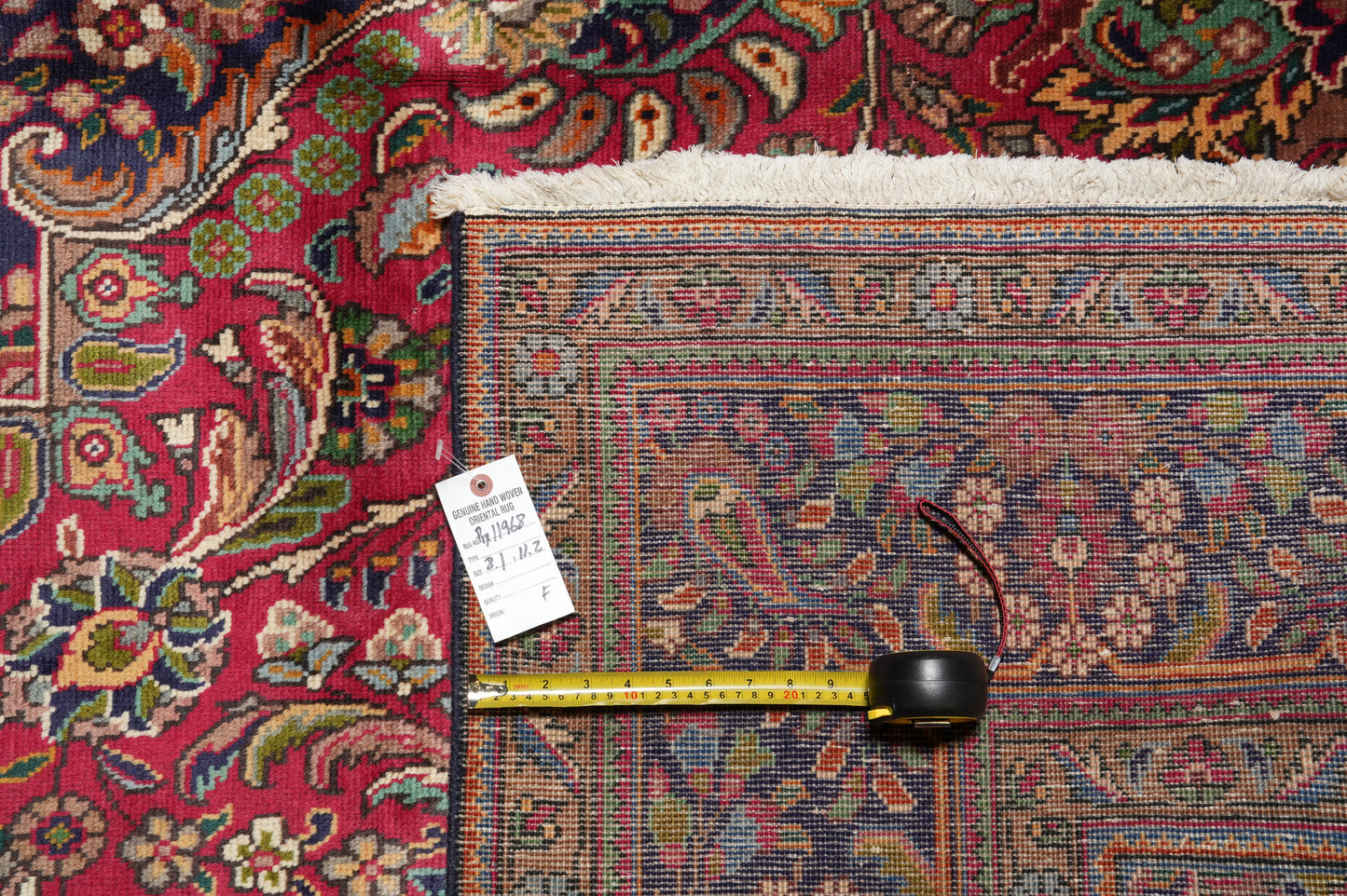 Pre-owned Tabriz-style blue rug, wide alternate-angle full layout