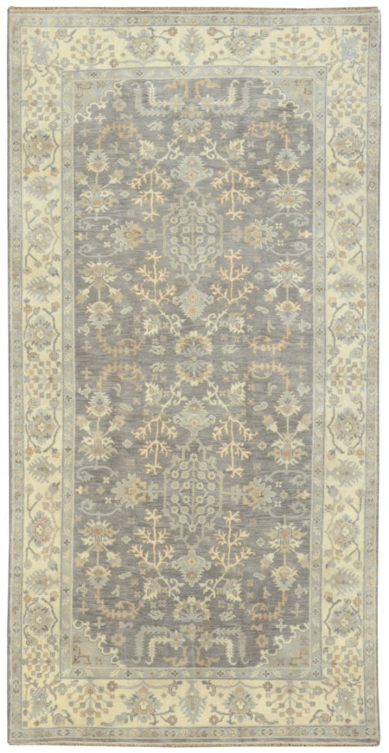 8 x 15.9 hand-knotted wool rug in neutral gray, full length top view