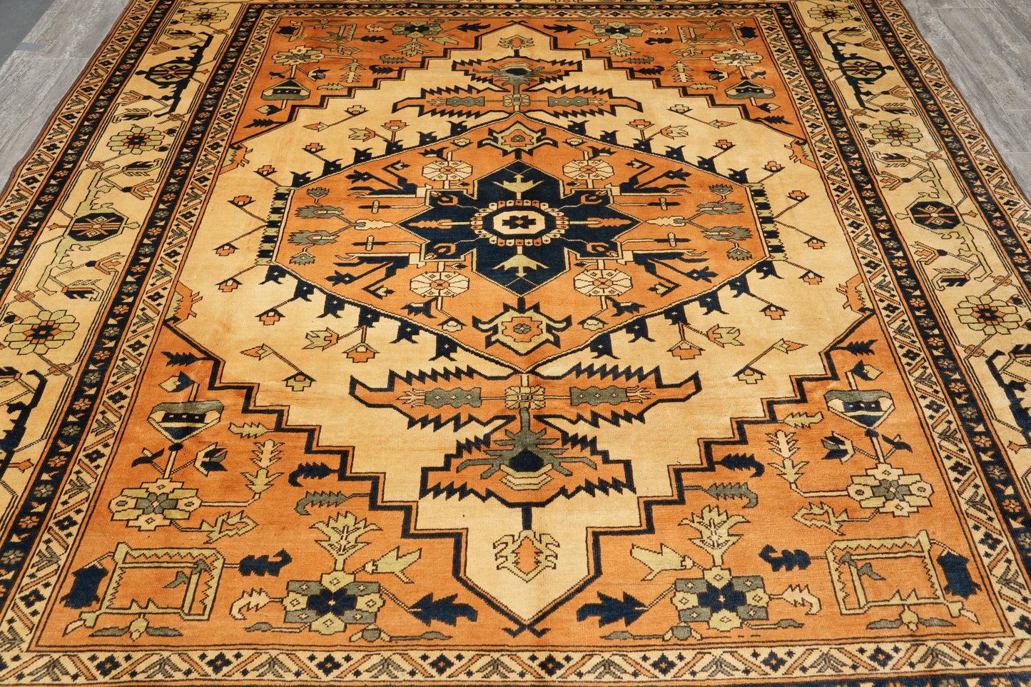 Afghan Chechen Kazak rug, color balance close-up showing red and gold