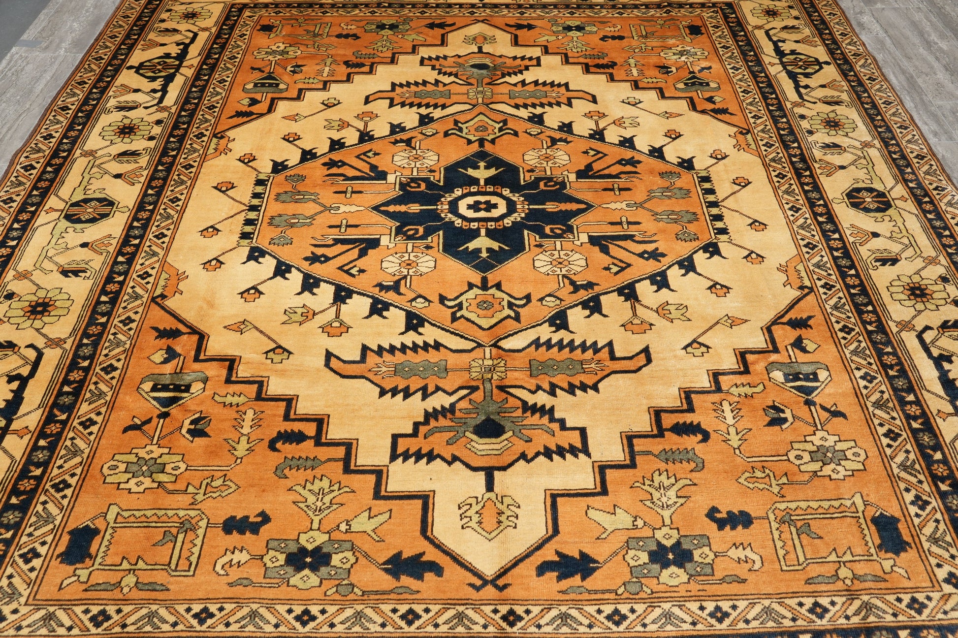 Afghan Chechen Kazak rug, color balance close-up showing red and gold