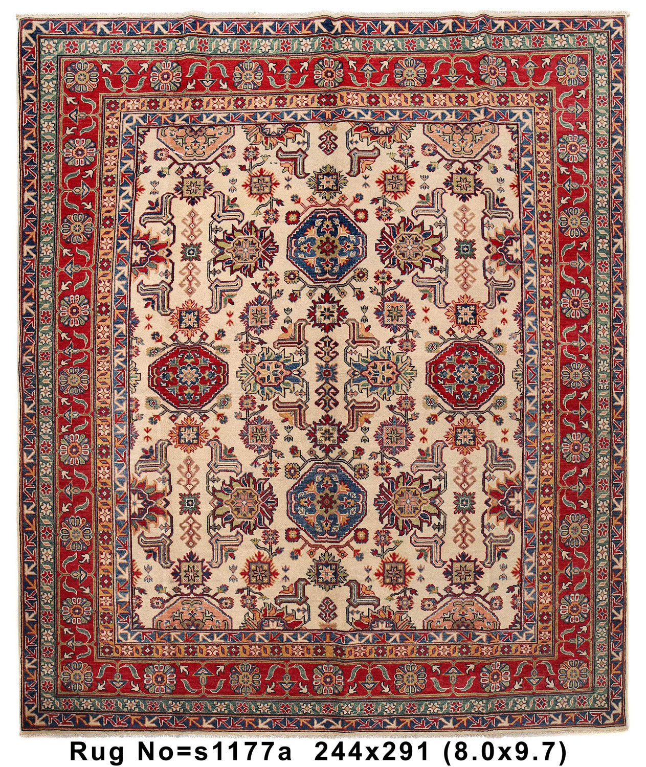 8 x 9.7 Afghan Kazak hand-knotted wool rug in ivory with red tribal medallions, top view