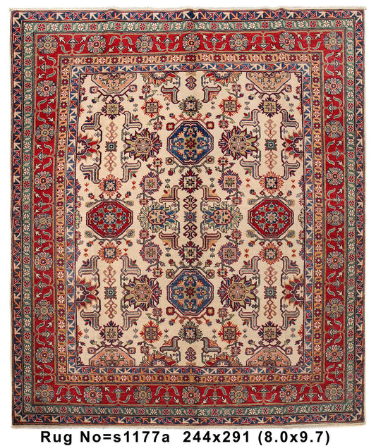 8 x 9.7 Afghan Kazak hand-knotted wool rug in ivory with red tribal medallions, top view