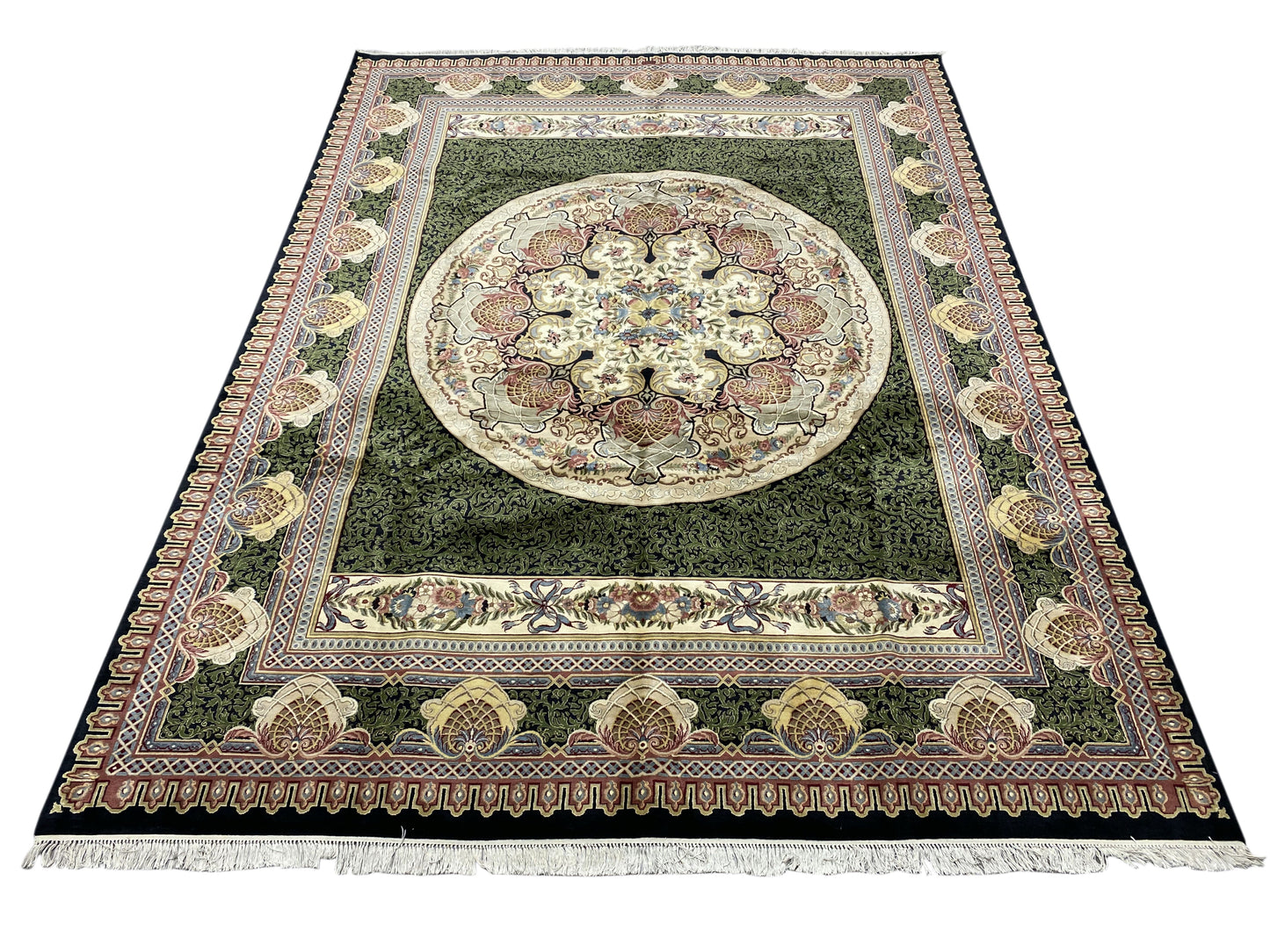 Aubusson Savonnerie rug, central floral medallion close-up in sage and ivory