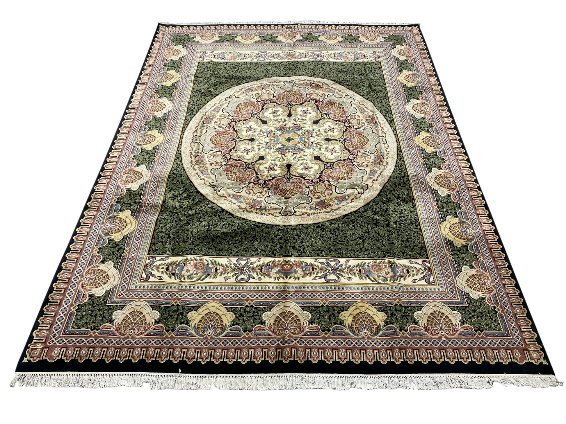 Aubusson Savonnerie rug, central floral medallion close-up in sage and ivory
