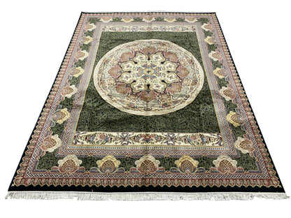 Aubusson Savonnerie rug, central floral medallion close-up in sage and ivory