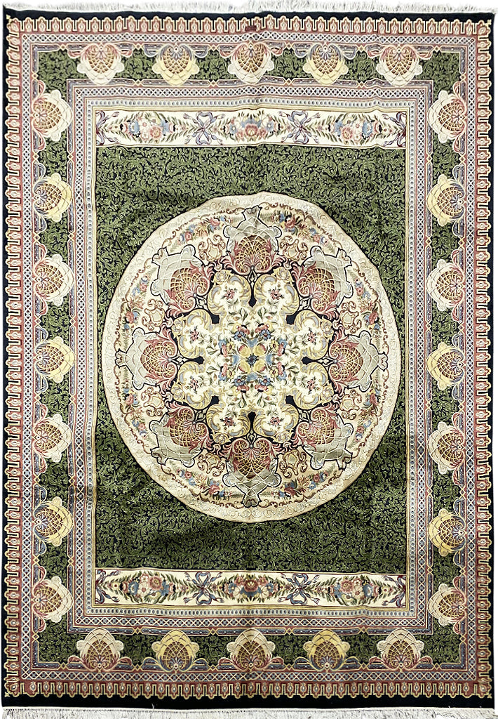 9.2 x 12.5 Aubusson Savonnerie hand-knotted wool rug in black, green, and ivory, top view