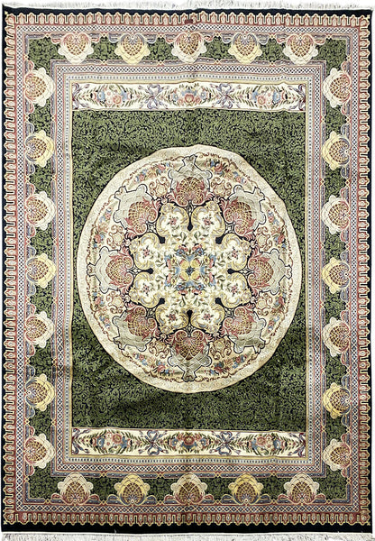9.2 x 12.5 Aubusson Savonnerie hand-knotted wool rug in black, green, and ivory, top view