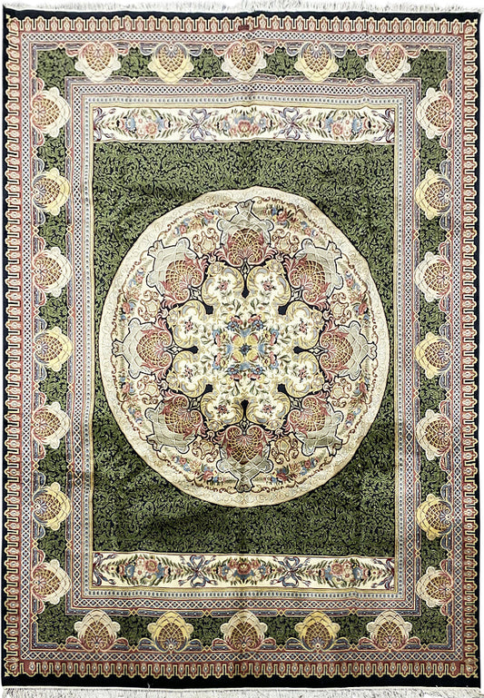 9.2 x 12.5 Aubusson Savonnerie hand-knotted wool rug in black, green, and ivory, top view