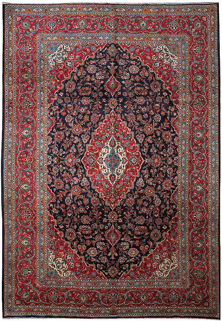 9.2 x 12 signed Kashan-style hand-knotted wool rug in navy blue, top view