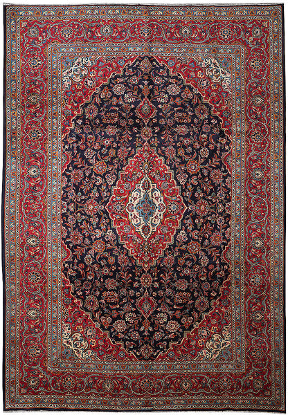 9.2 x 12 signed Kashan-style hand-knotted wool rug in navy blue, top view