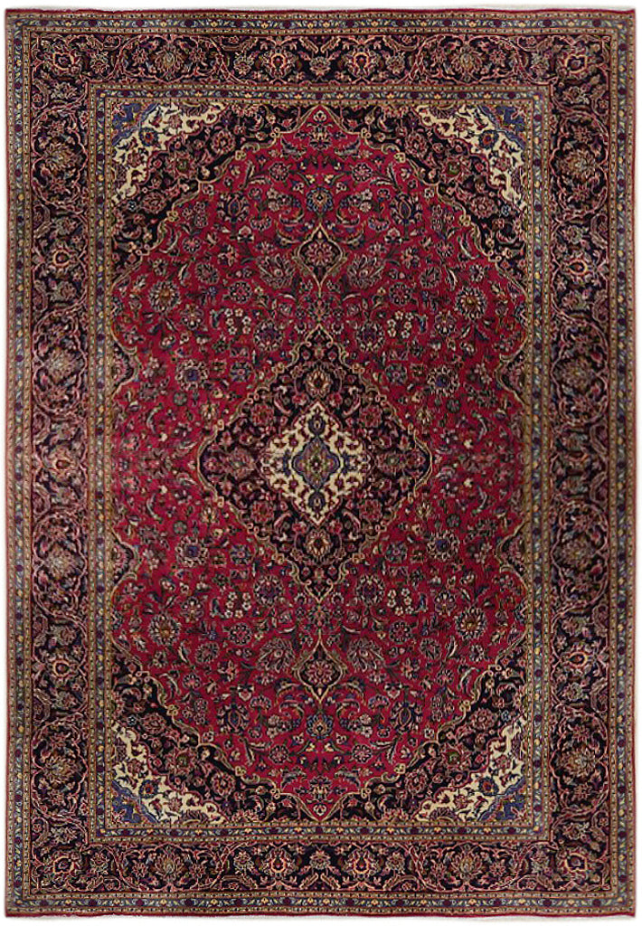 9.6 x 13 semi-antique Kashan-style hand-knotted wool rug in maroon, top view