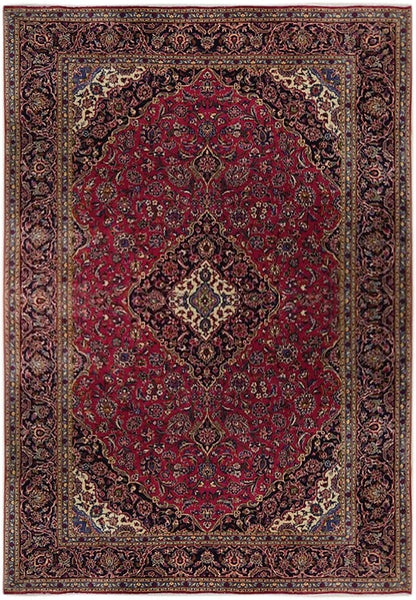 9.6 x 13 semi-antique Kashan-style hand-knotted wool rug in maroon, top view