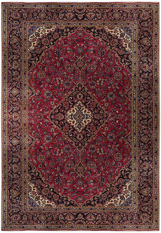 9.6 x 13 semi-antique Kashan-style hand-knotted wool rug in maroon, top view