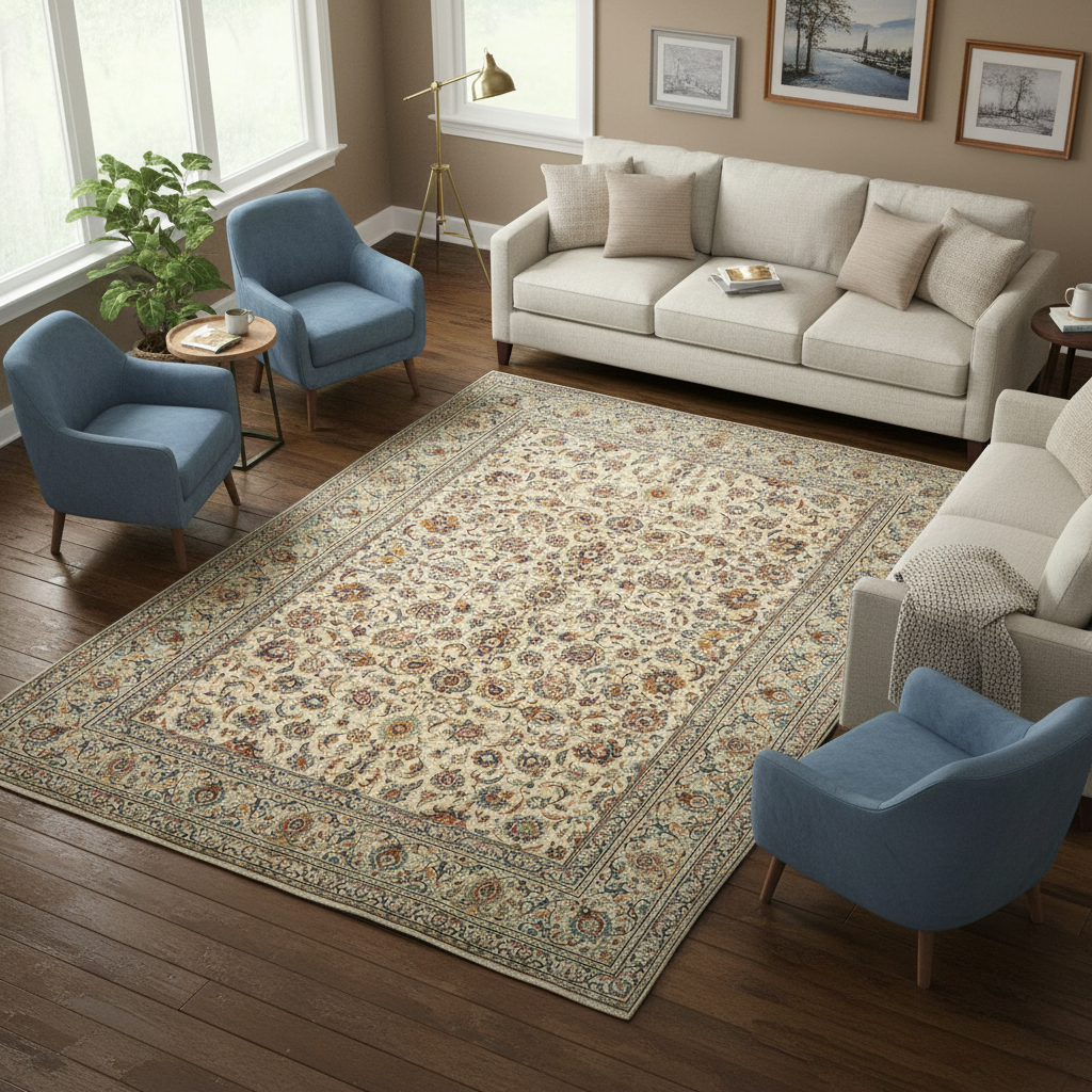 Vintage Kashan-style ivory rug visualized in a styled living room setting