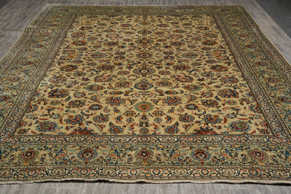 Vintage Kashan-style ivory rug, curvilinear floral vine detail