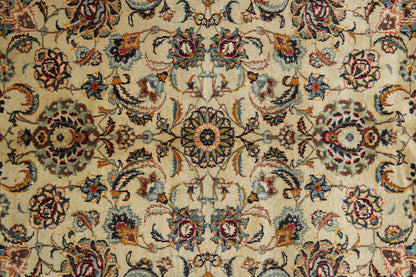 Vintage Kashan-style ivory rug, border pattern in navy and soft red
