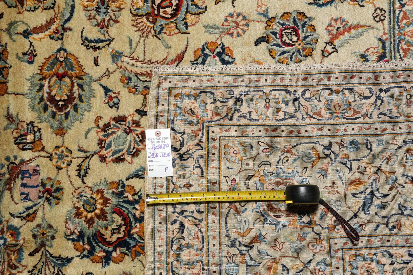 Vintage Kashan-style ivory rug, wide alternate-angle full layout