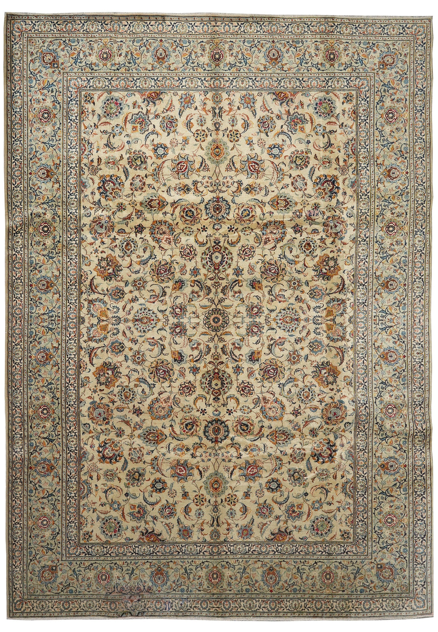 9.6 x 13 vintage 1970s Kashan-style hand-knotted wool rug in ivory, top view