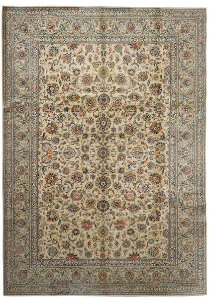 9.6 x 13 vintage 1970s Kashan-style hand-knotted wool rug in ivory, top view