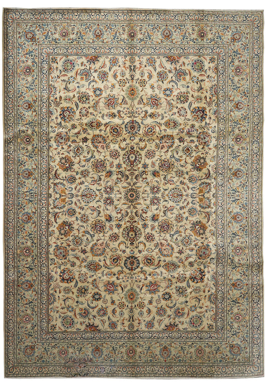 9.6 x 13 vintage 1970s Kashan-style hand-knotted wool rug in ivory, top view