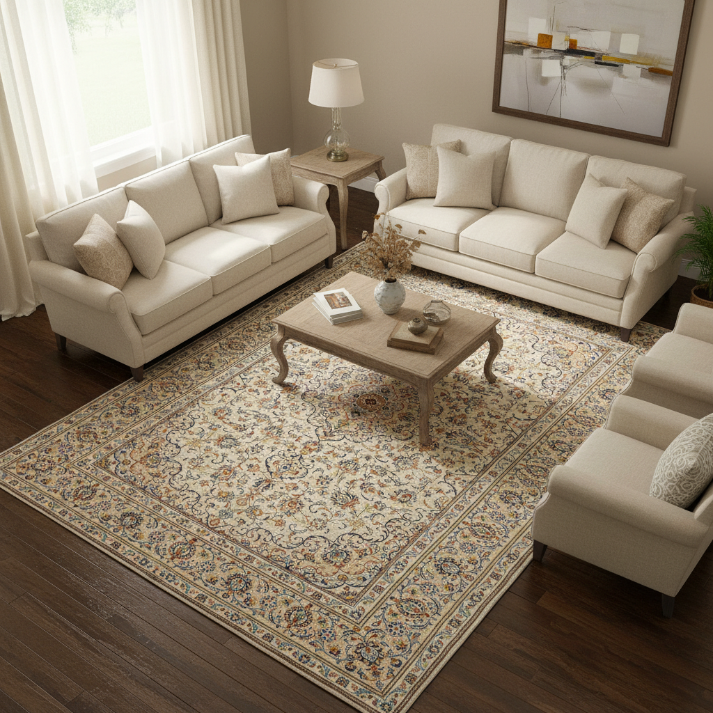 Kashan-style ivory floral rug visualized in a styled formal living room setting