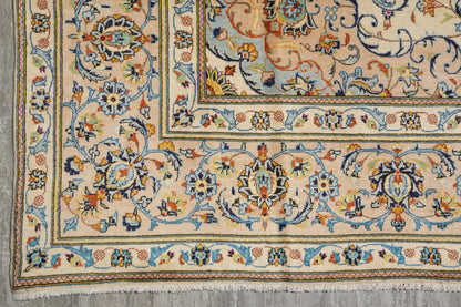Kashan-style ivory floral rug, partial overhead view in natural light