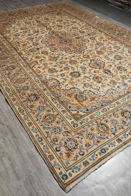 Kashan-style ivory floral rug, mid-field detail showing color depth