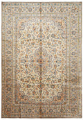 9.8 x 13.9 Kashan-style hand-knotted wool rug in ivory with floral medallion, top view