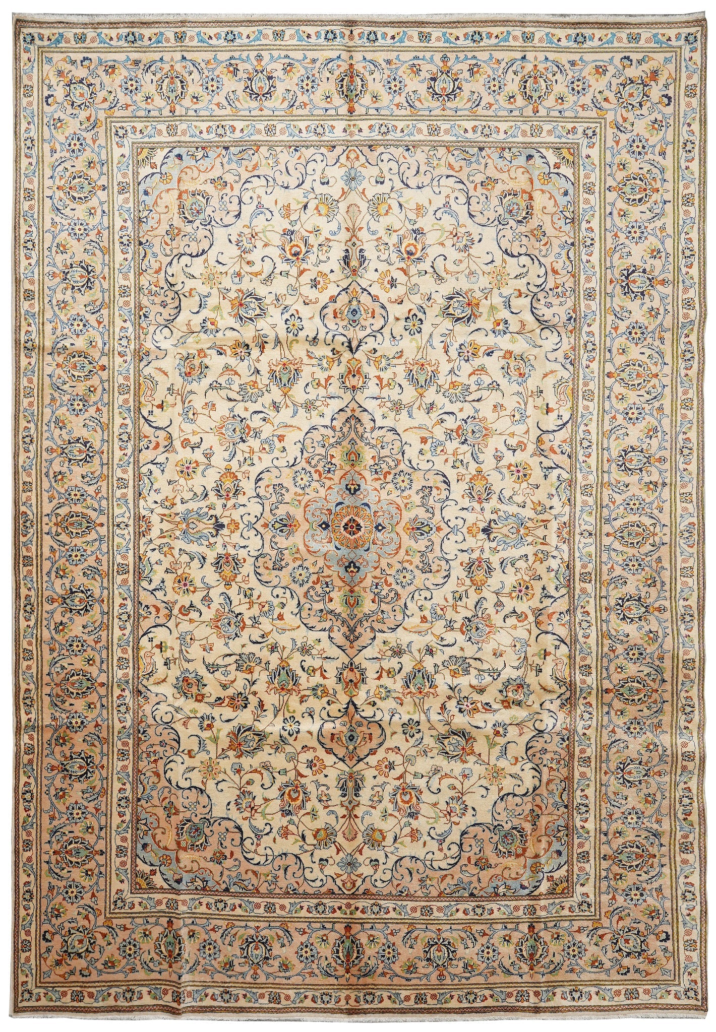 9.8 x 13.9 Kashan-style hand-knotted wool rug in ivory with floral medallion, top view