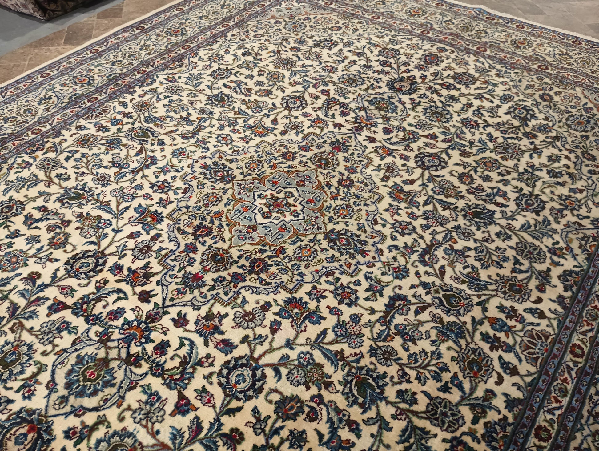 Semi-antique Kashan-style ivory rug, pile texture detail showing aged wool