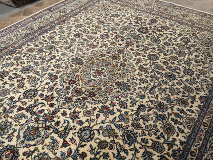 Semi-antique Kashan-style ivory rug, pile texture detail showing aged wool
