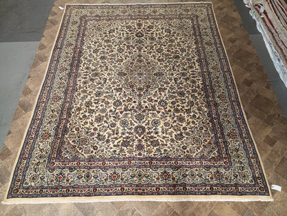 Semi-antique Kashan-style ivory rug, alternate angle with full medallion view
