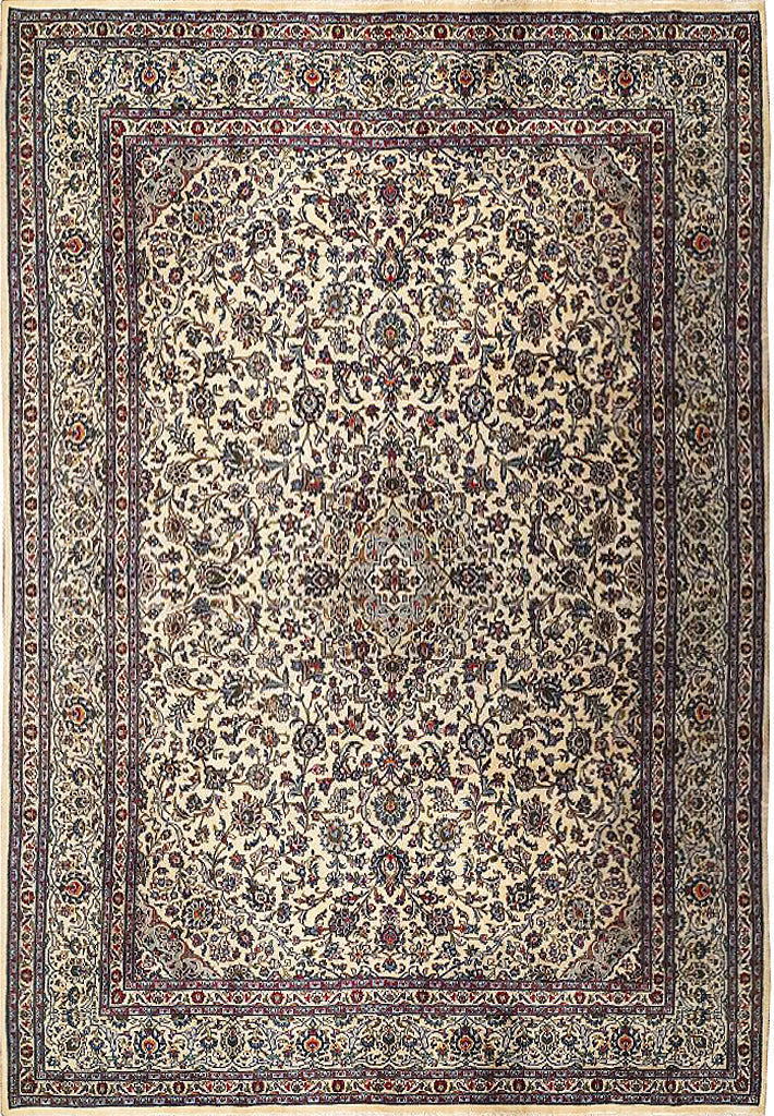 9.9 x 13 semi-antique Kashan-style hand-knotted wool rug in light ivory, top view