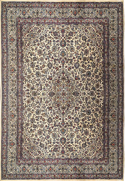 9.9 x 13 semi-antique Kashan-style hand-knotted wool rug in light ivory, top view