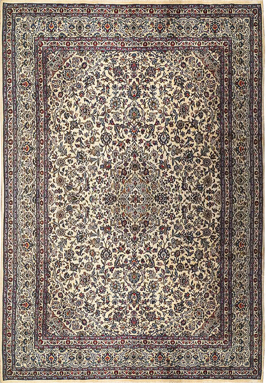 9.9 x 13 semi-antique Kashan-style hand-knotted wool rug in light ivory, top view