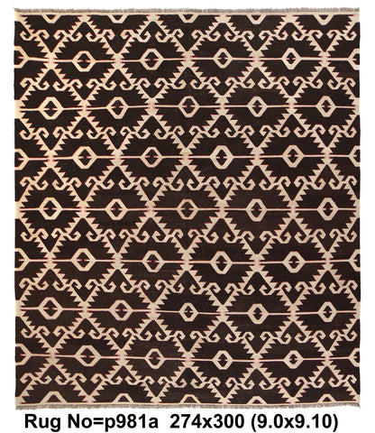 9 x 10 modern Kilim flat-weave wool rug in multi-color, top view