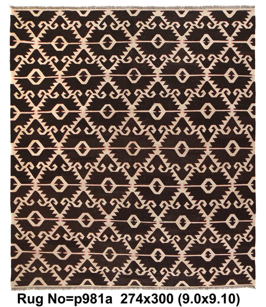 9 x 10 modern Kilim flat-weave wool rug in multi-color, top view