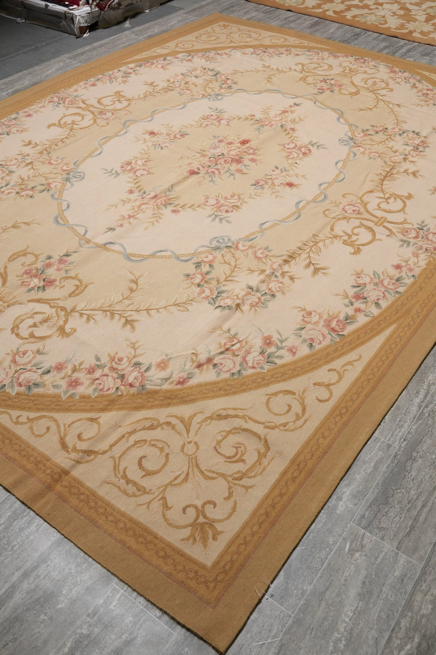 17th-century Aubusson rug, weave texture showing wool flat-weave construction